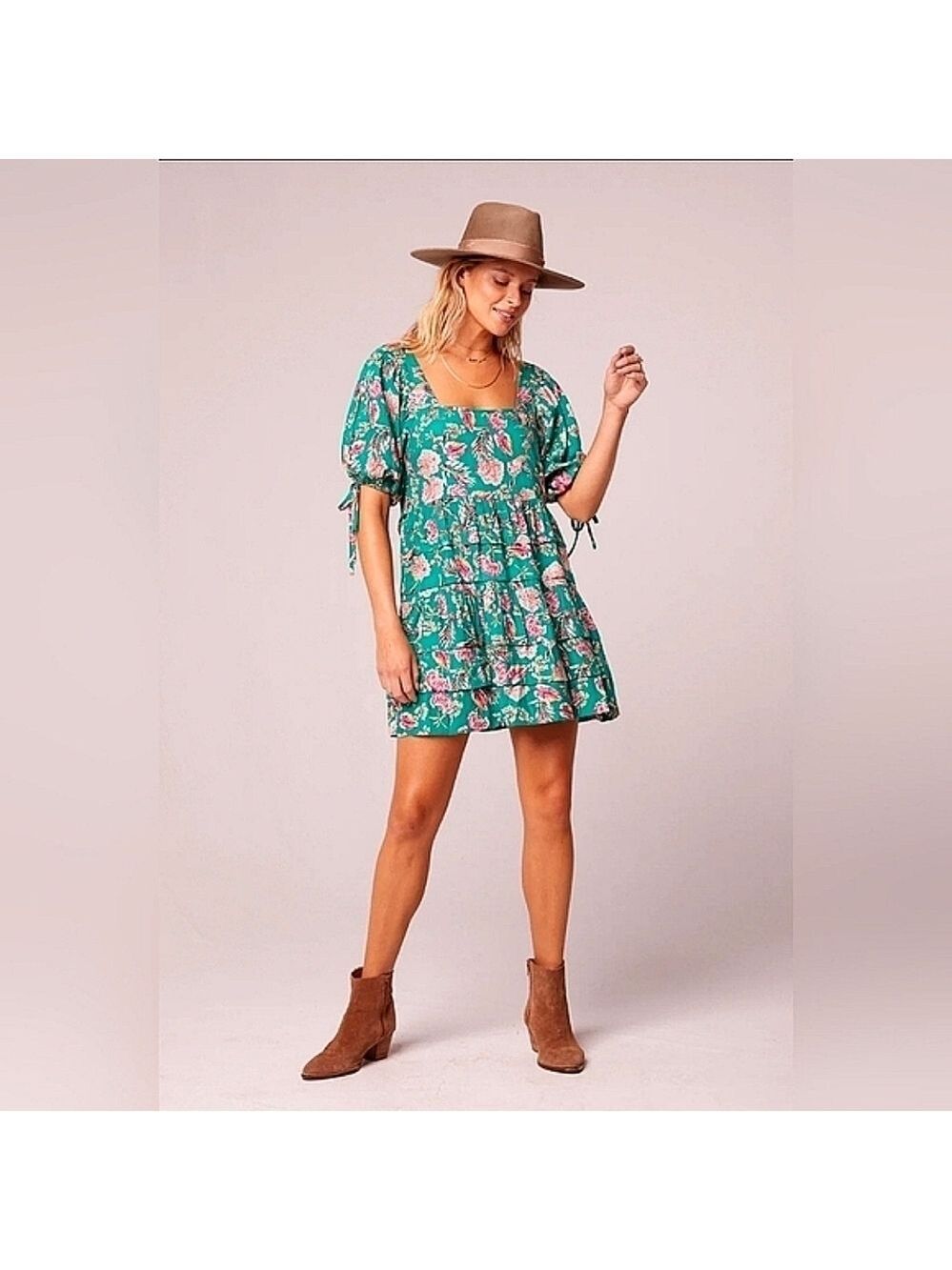 BOG COLLECTIVE SIZE S GREEN FLORAL MINI SUMMER DRESS‎ FALL NWT
